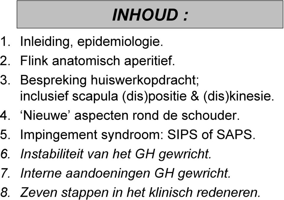 Nieuwe aspecten rond de schouder. 5. Impingement syndroom: SIPS of SAPS. 6.