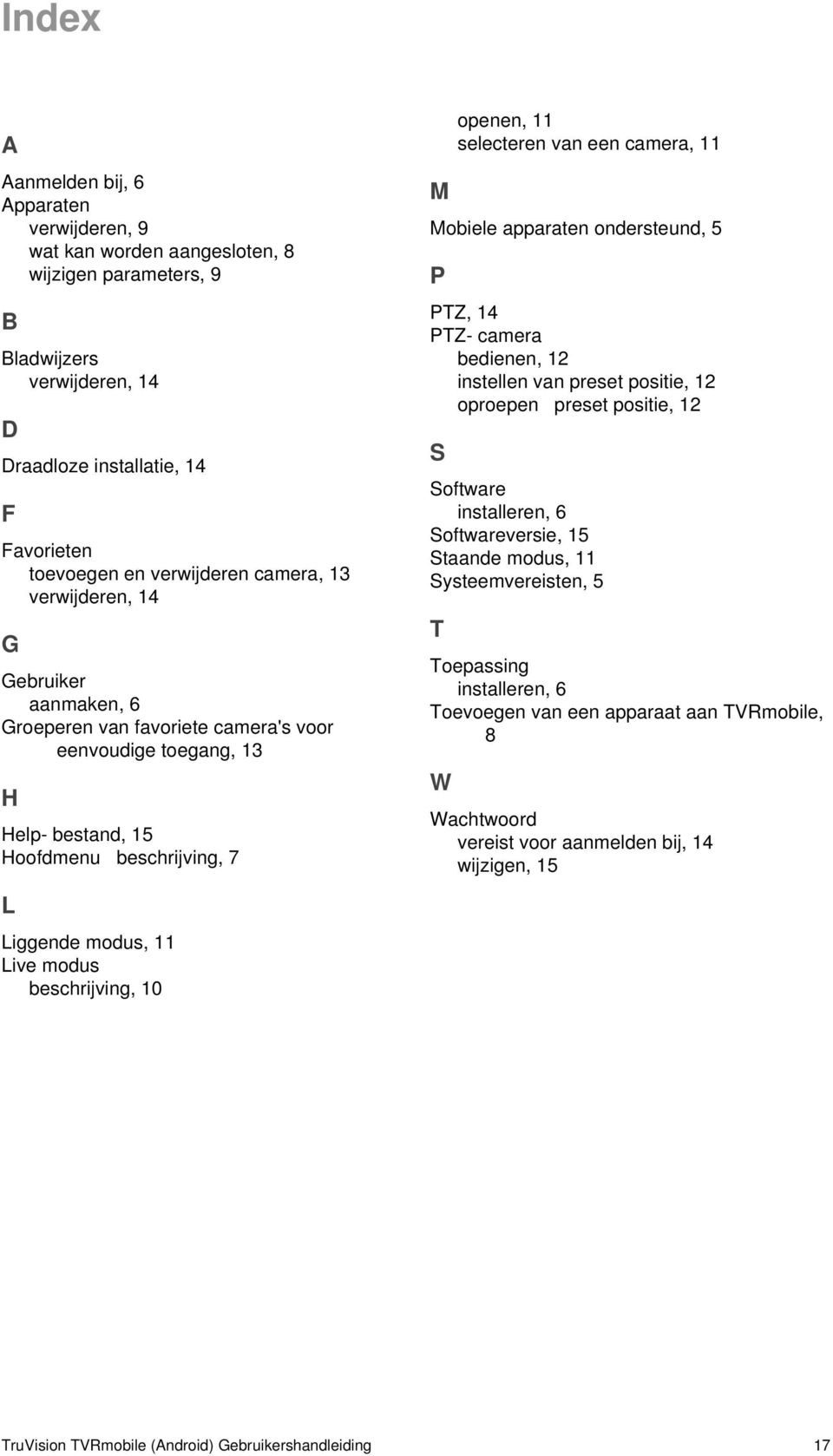 beschrijving, 10 M openen, 11 selecteren van een camera, 11 Mobiele apparaten ondersteund, 5 P PTZ, 14 PTZ- camera bedienen, 12 instellen van preset positie, 12 oproepen preset positie, 12 S Software