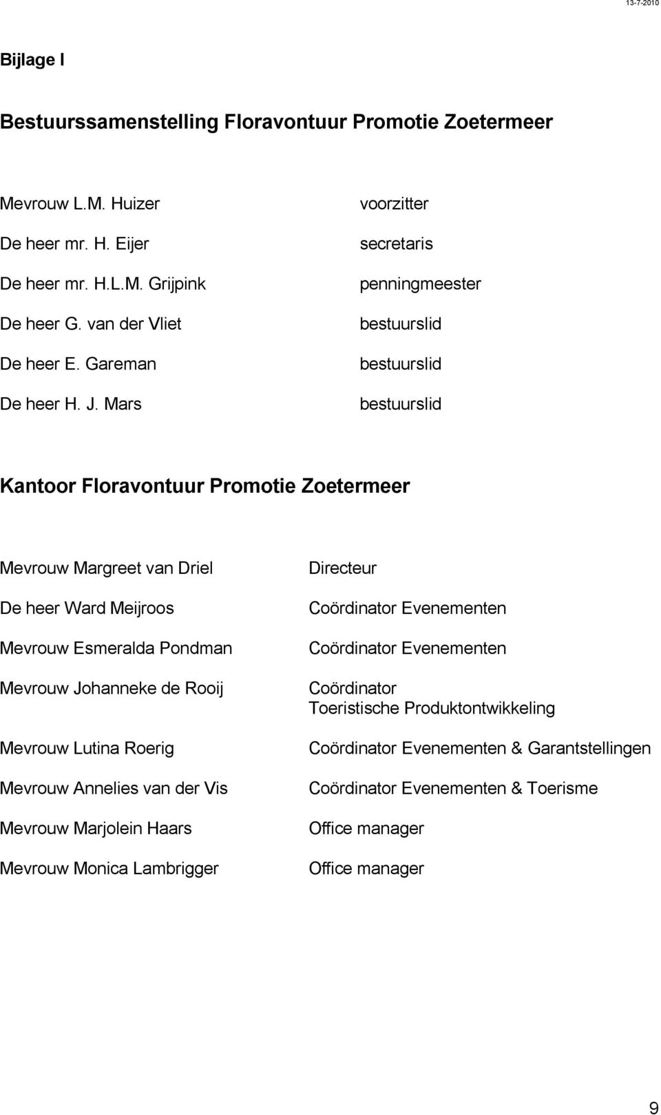 Mars voorzitter secretaris penningmeester bestuurslid bestuurslid bestuurslid Kantoor Floravontuur Promotie Zoetermeer Mevrouw Margreet van Driel De heer Ward Meijroos Mevrouw