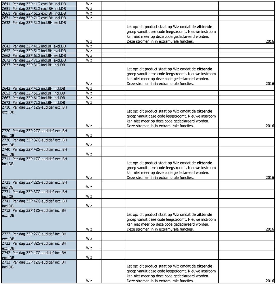 bh Z673 Per dag ZZP 7LG incl.bh Z710 Per dag ZZP 1ZG-auditief excl.bh Z720 Per dag ZZP 2ZG-auditief excl.bh Z730 Per dag ZZP 3ZG-auditief excl.bh Z740 Per dag ZZP 4ZG-auditief excl.