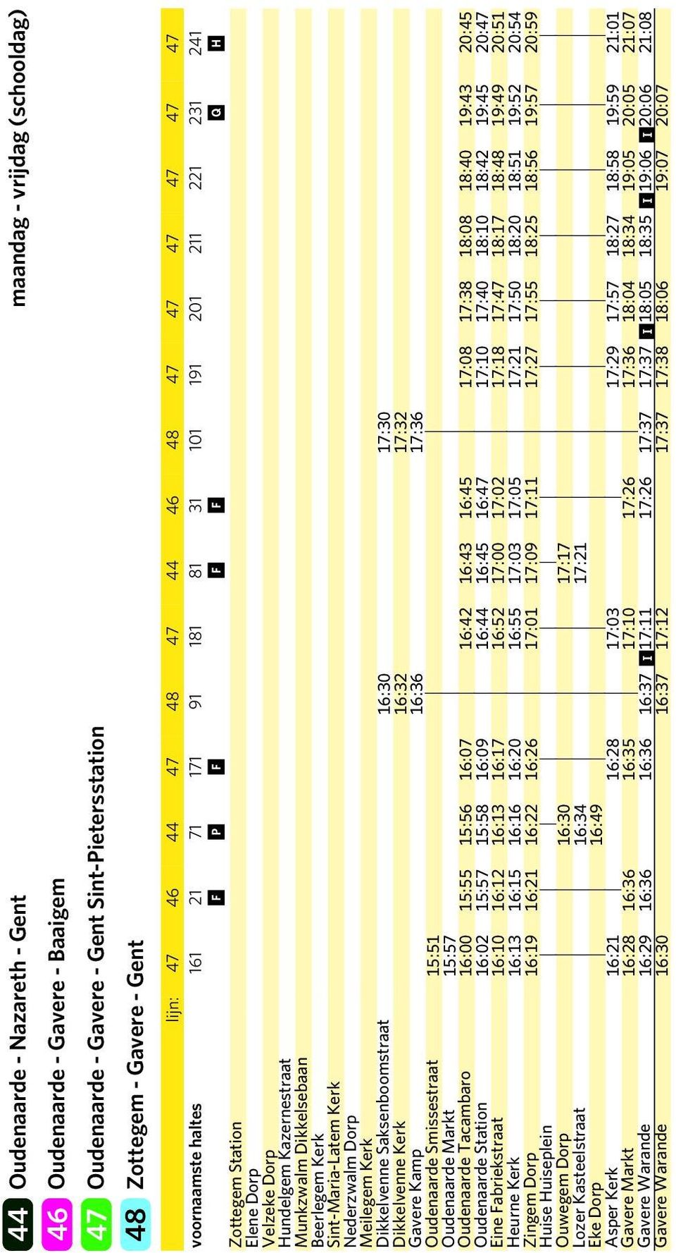 Beerlegem Kerk Sint-Maria-Latem Kerk Nederzwalm Dorp Meilegem Kerk Dikkelvenne Saksenboomstraat 16:30 17:30 Dikkelvenne Kerk 16:32 17:32 Gavere Kamp 16:36 17:36 Oudenaarde Smissestraat 15:51