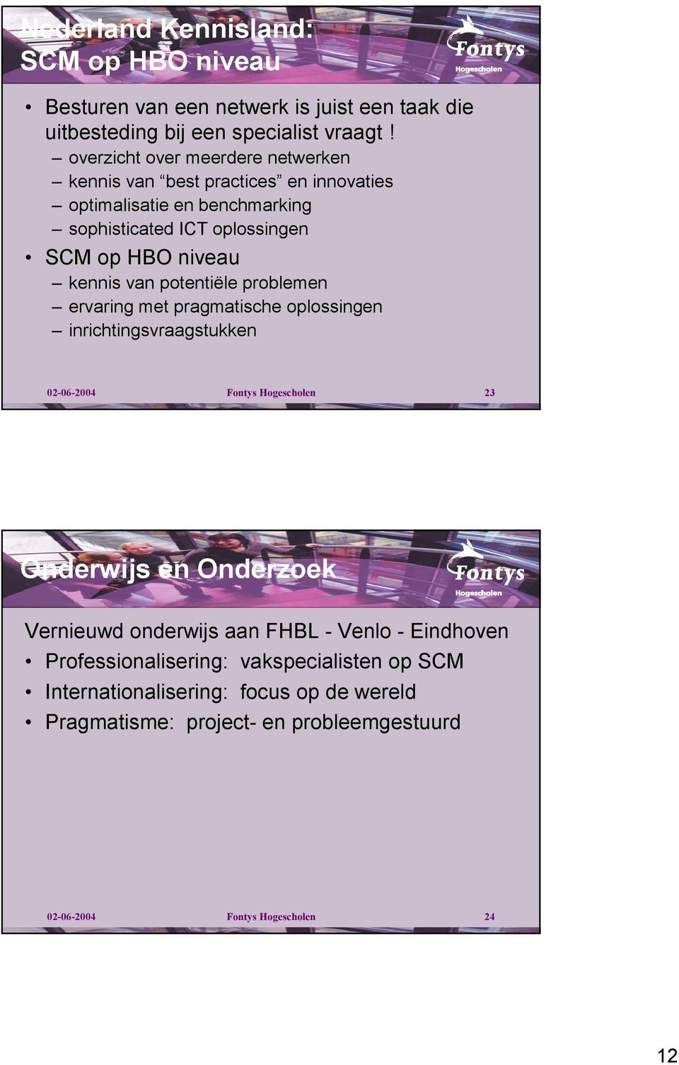 van potentiële problemen ervaring met pragmatische oplossingen inrichtingsvraagstukken 02-06-2004 Fontys Hogescholen 23 Onderwijs en Onderzoek Vernieuwd