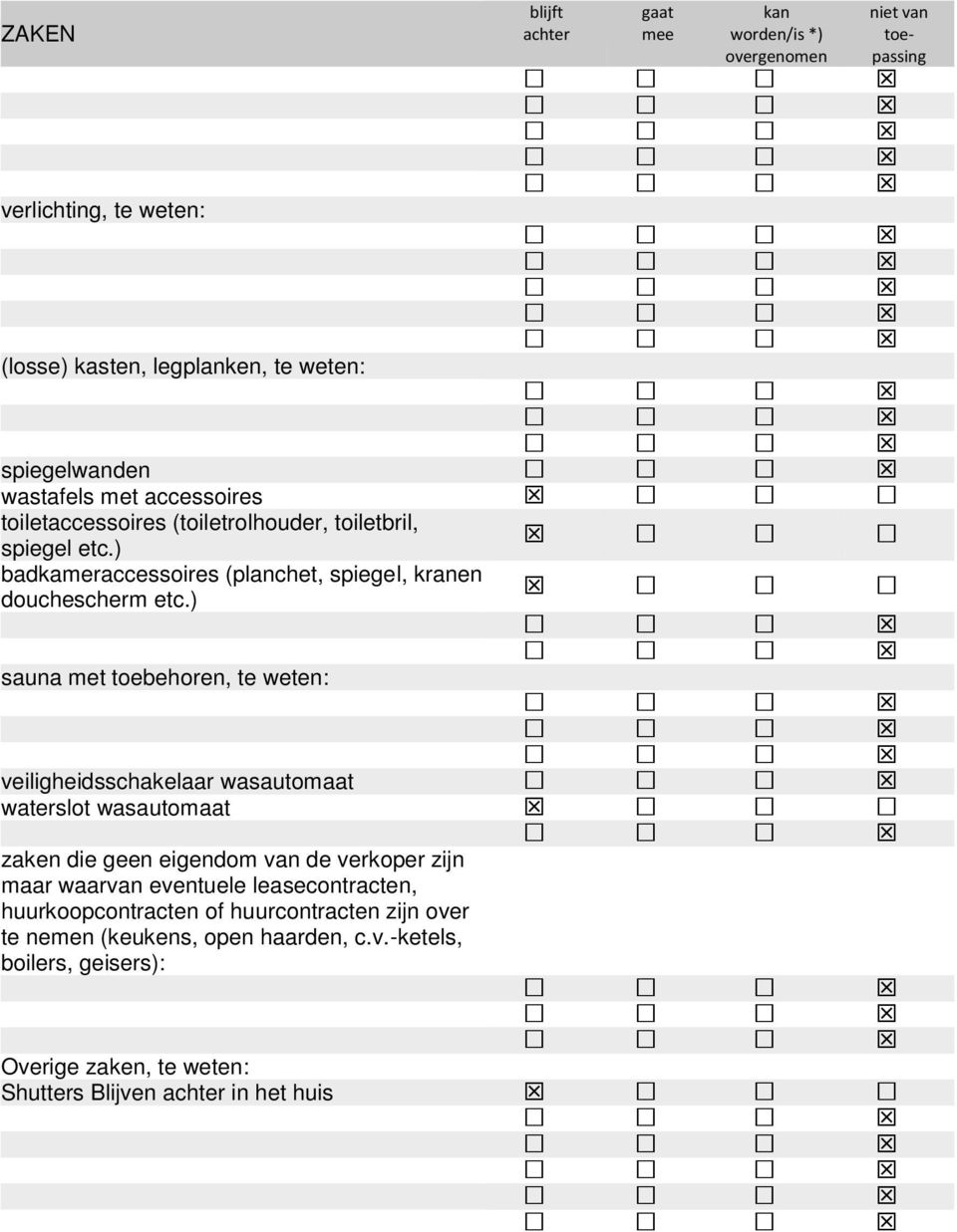 ) sauna met toebehoren, te weten: veiligheidsschakelaar wasautomaat waterslot wasautomaat zaken die geen eigendom van de verkoper zijn maar waarvan eventuele