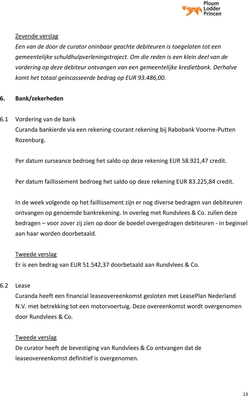 1 Vordering van de bank Curanda bankierde via een rekening-courant rekening bij Rabobank Voorne-Putten Rozenburg. Per datum surseance bedroeg het saldo op deze rekening EUR 58.921,47 credit.