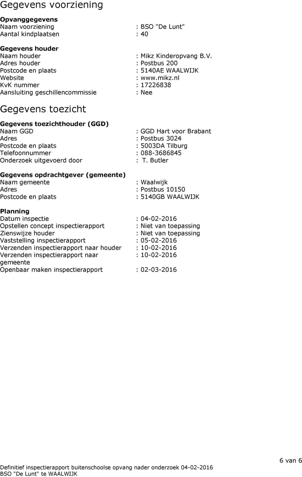 nl KvK nummer : 17226838 Aansluiting geschillencommissie : Nee Gegevens toezicht Gegevens toezichthouder (GGD) Naam GGD : GGD Hart voor Brabant Adres : Postbus 3024 Postcode en plaats : 5003DA