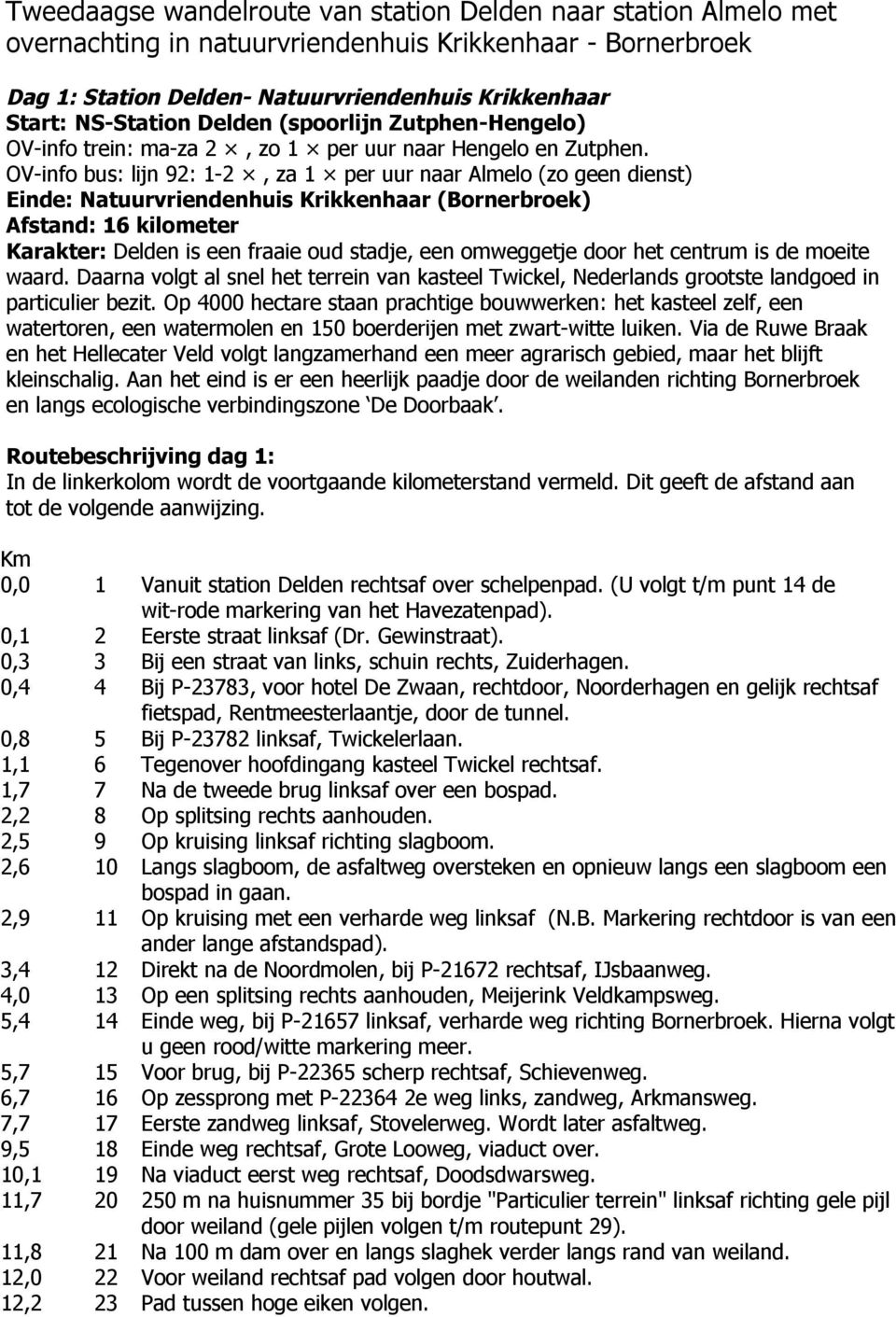 OV info bus: lijn 92: 1 2, za 1 per uur naar Almelo (zo geen dienst) Einde: Natuurvriendenhuis Krikkenhaar (Bornerbroek) Afstand: 16 kilometer Karakter: Delden is een fraaie oud stadje, een