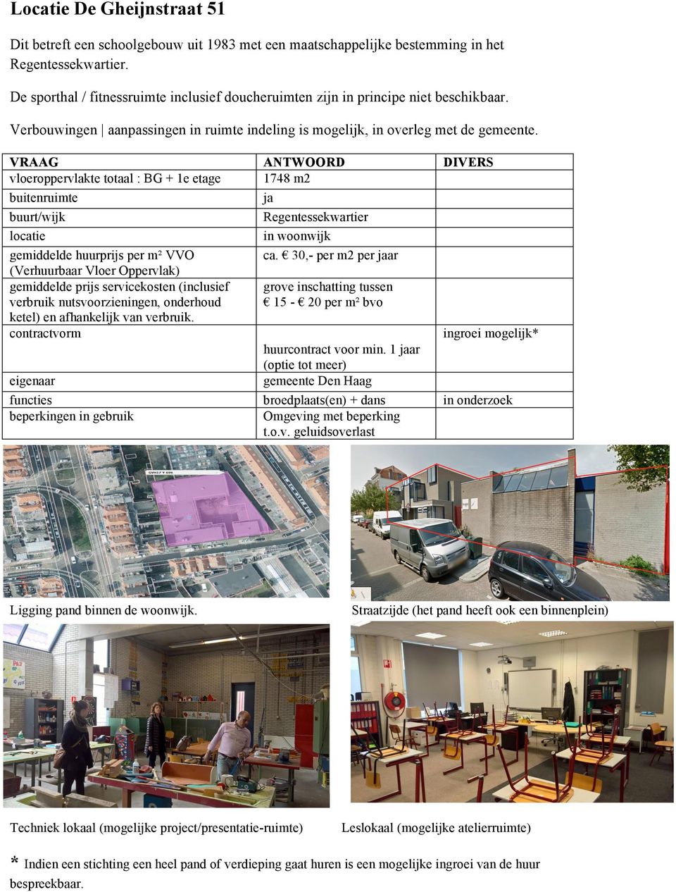 vloeroppervlakte totaal : BG + 1e etage buurt/wijk gemiddelde huurprijs per m² VVO (Verhuurbaar Vloer Oppervlak) 1748 m2 ja Regentessekwartier in woonwijk ca.