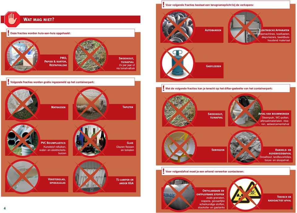 tuinafval 2x per jaar of via tuinafvalbak Gasflessen Volgende fracties worden gratis ingezameld op het containerpark: Met de volgende fracties kan je terecht op het diftar-gedeelte van het