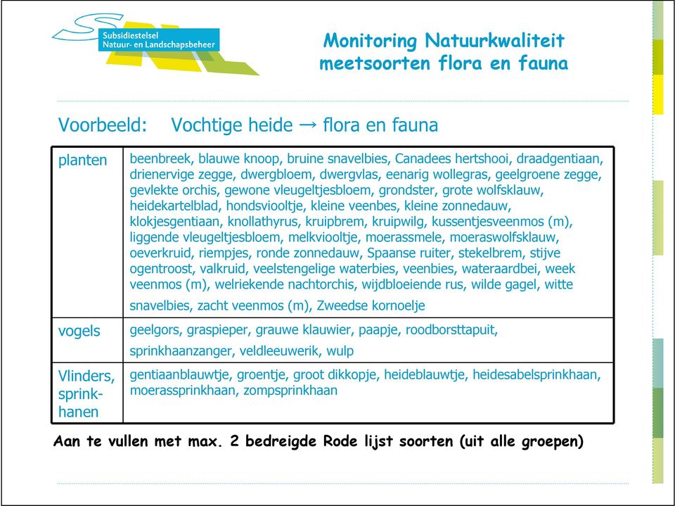 klokjesgentiaan, knollathyrus, kruipbrem, kruipwilg, kussentjesveenmos (m), liggende vleugeltjesbloem, melkviooltje, moerassmele, moeraswolfsklauw, oeverkruid, riempjes, ronde zonnedauw, Spaanse