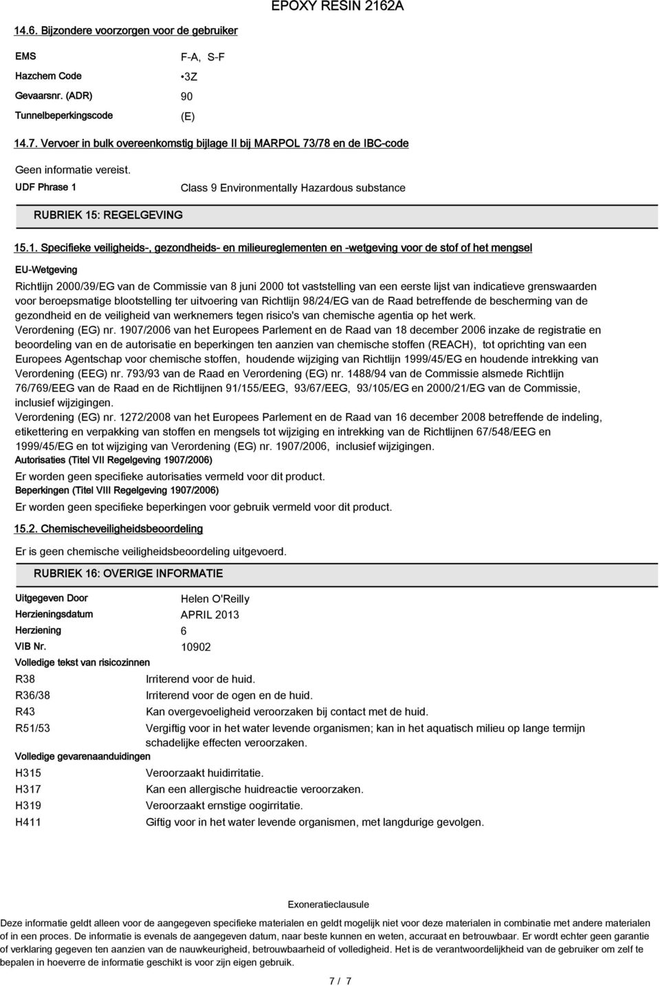 Class 9 Environmentally Hazardous substance RUBRIEK 15