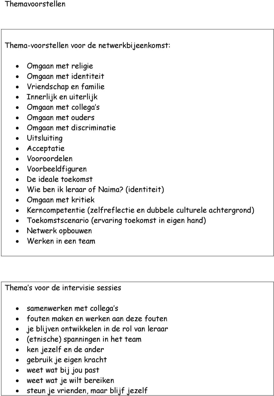 (identiteit) Omgaan met kritiek Kerncompetentie (zelfreflectie en dubbele culturele achtergrond) Toekomstscenario (ervaring toekomst in eigen hand) Netwerk opbouwen Werken in een team Thema s voor de