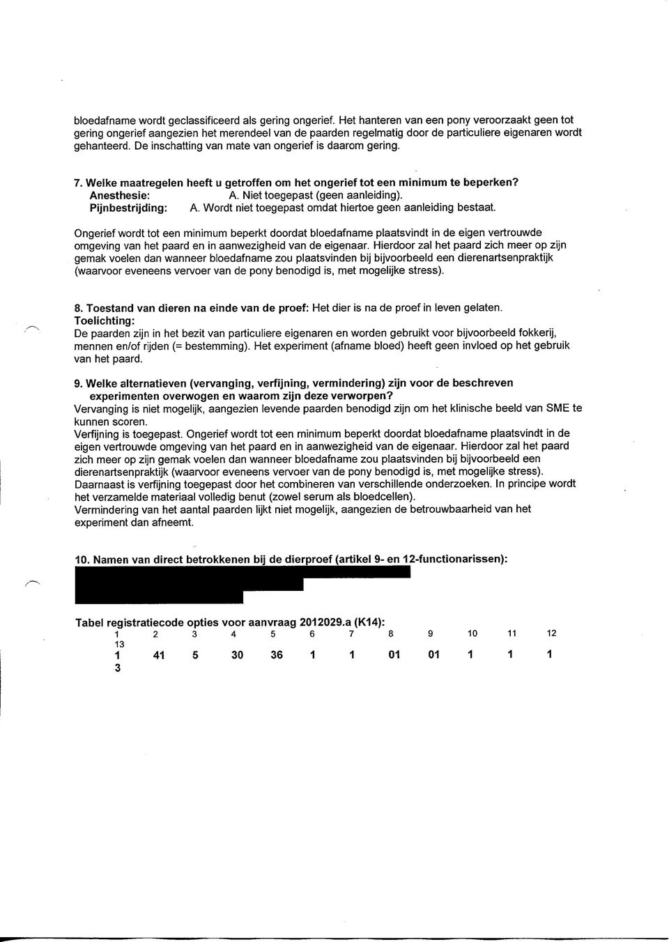 De inschatting van mate van ongerief is daarom gering. 7. Welke maatregelen heeft u getroffen om het ongerief tot een minimum te beperken? Anesthesie: A. Niet toegepast (geen aanleiding).