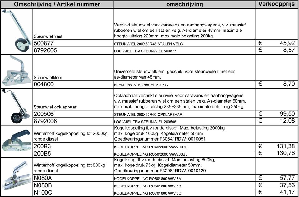 004800 KLEM TBV STEUNWIEL 500877 8,70 Steunwiel opklapbaar Opklapbaar verzinkt steunwiel voor caravans en aanhangwagens, v.v. massief rubberen wiel om een stalen velg.