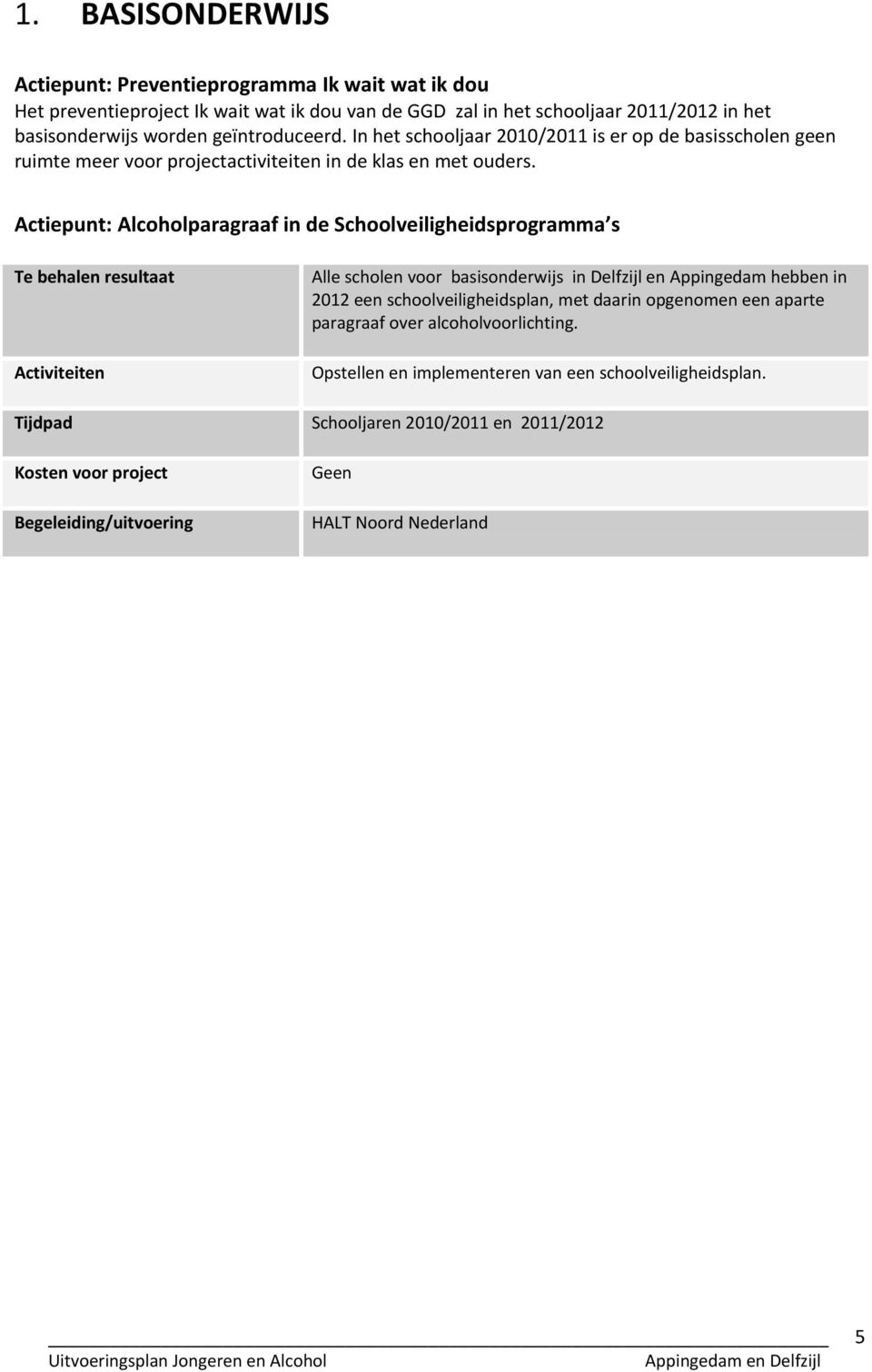 Actiepunt: Alcoholparagraaf in de Schoolveiligheidsprogramma s Te behalen resultaat Activiteiten Alle scholen voor basisonderwijs in Delfzijl en Appingedam hebben in 2012 een