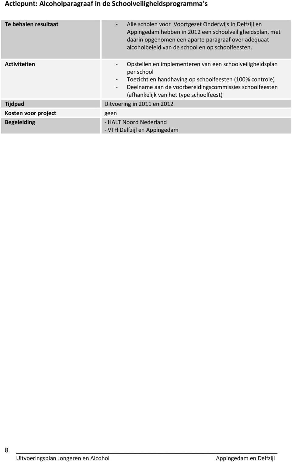 Activiteiten - Opstellen en implementeren van een schoolveiligheidsplan per school - Toezicht en handhaving op schoolfeesten (100% controle) - Deelname aan de