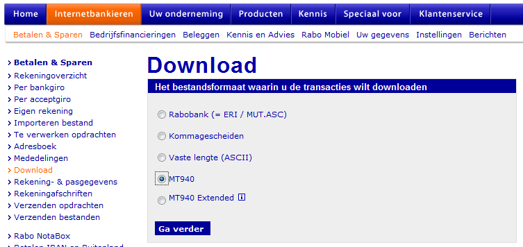 Exporteren rekeninginformatie Rabobank 1. Ga na het inloggen naar Betalen & Sparen en vervolgens in het linker menu naar Download. 2.