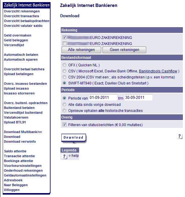 Exporteren rekeninginformatie SNS Bank 1. Ga in het linker menu naar Download (zonder toevoeging). 2. Het scherm zoals links weergegeven wordt getoond.