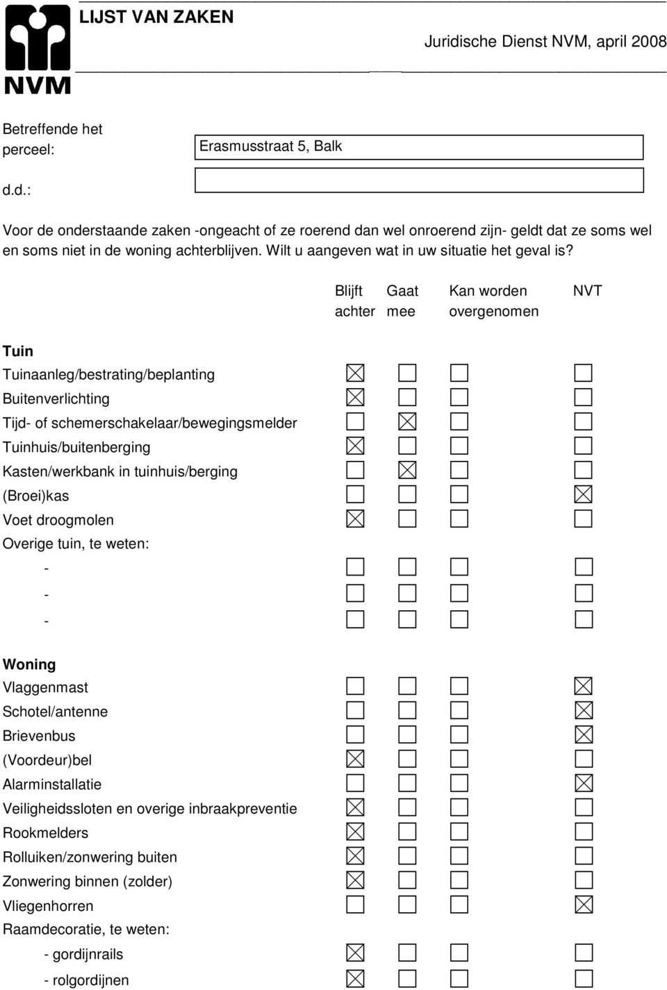 Blijft Gaat Kan worden NVT achter mee overgenomen Tuin Tuinaanleg/bestrating/beplanting Buitenverlichting Tijd of schemerschakelaar/bewegingsmelder Tuinhuis/buitenberging Kasten/werkbank in