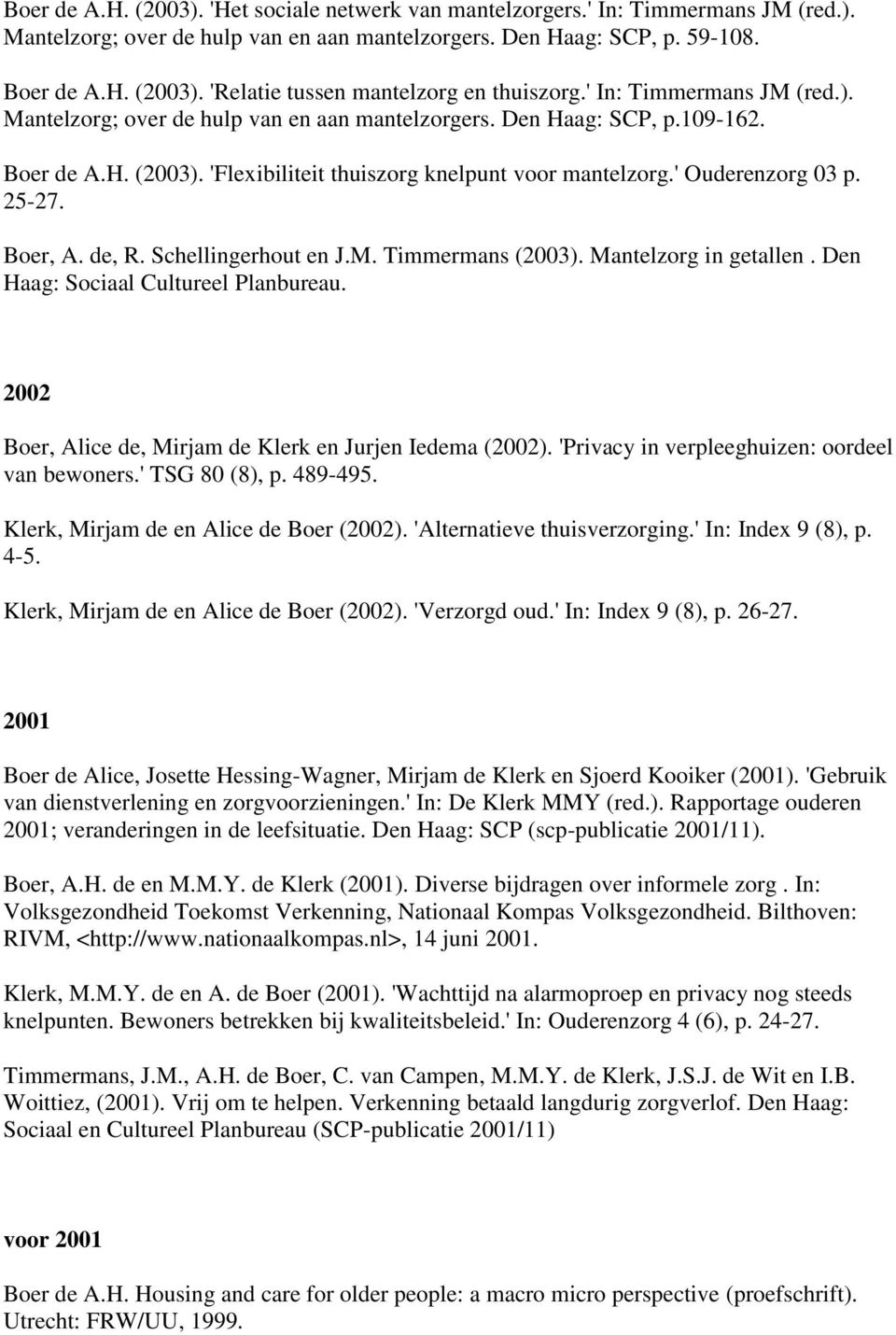 25-27. Boer, A. de, R. Schellingerhout en J.M. Timmermans (2003). Mantelzorg in getallen. Den Haag: Sociaal Cultureel Planbureau. 2002 Boer, Alice de, Mirjam de Klerk en Jurjen Iedema (2002).