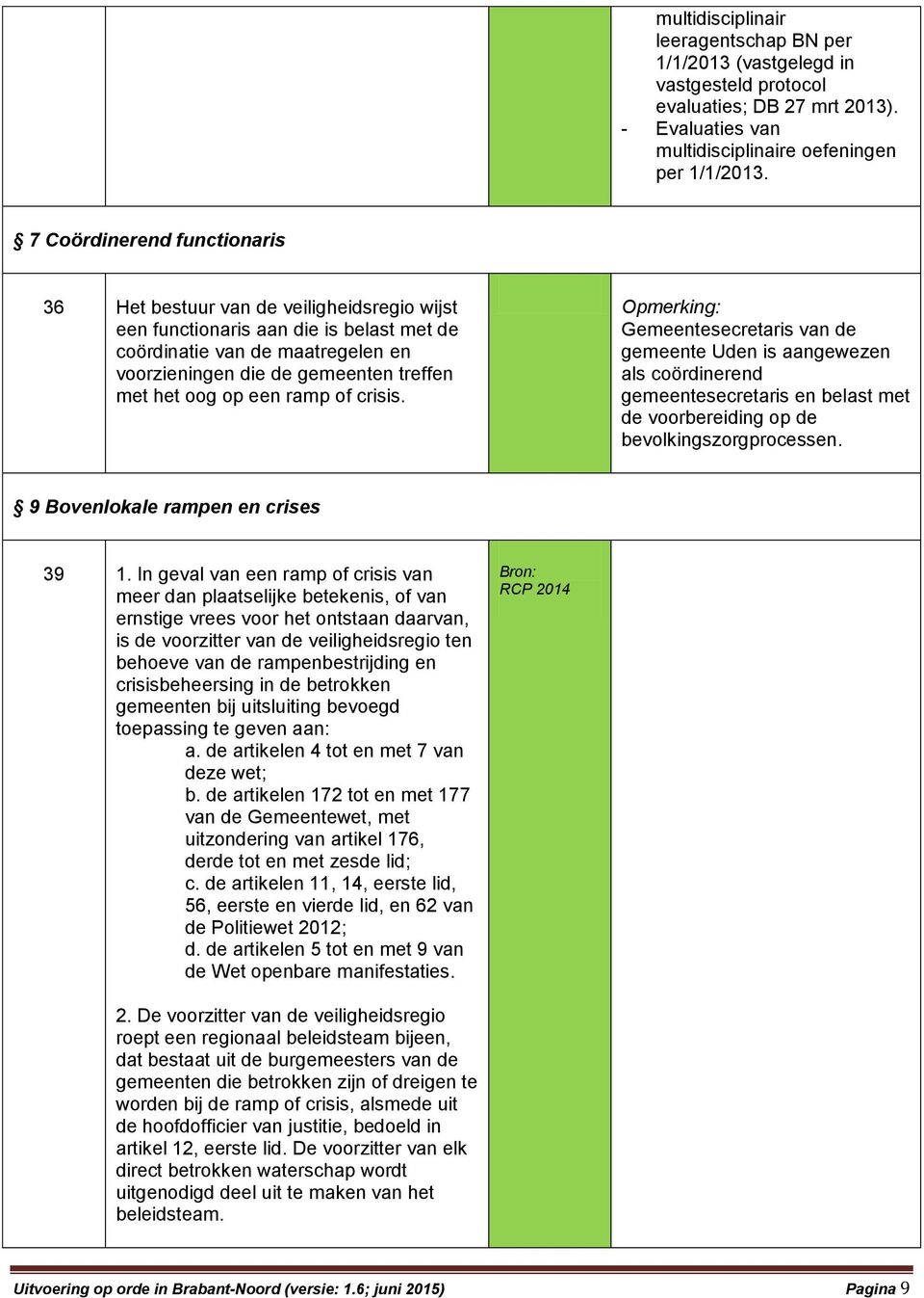 op een ramp of crisis. Opmerking: Gemeentesecretaris van de gemeente Uden is aangewezen als coördinerend gemeentesecretaris en belast met de voorbereiding op de bevolkingszorgprocessen.