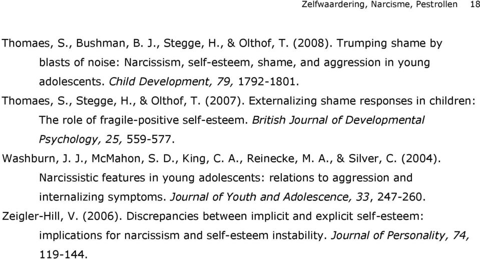 Externalizing shame responses in children: The role of fragile-positive self-esteem. British Journal of Developmental Psychology, 25, 559-577. Washburn, J. J., McMahon, S. D., King, C. A.