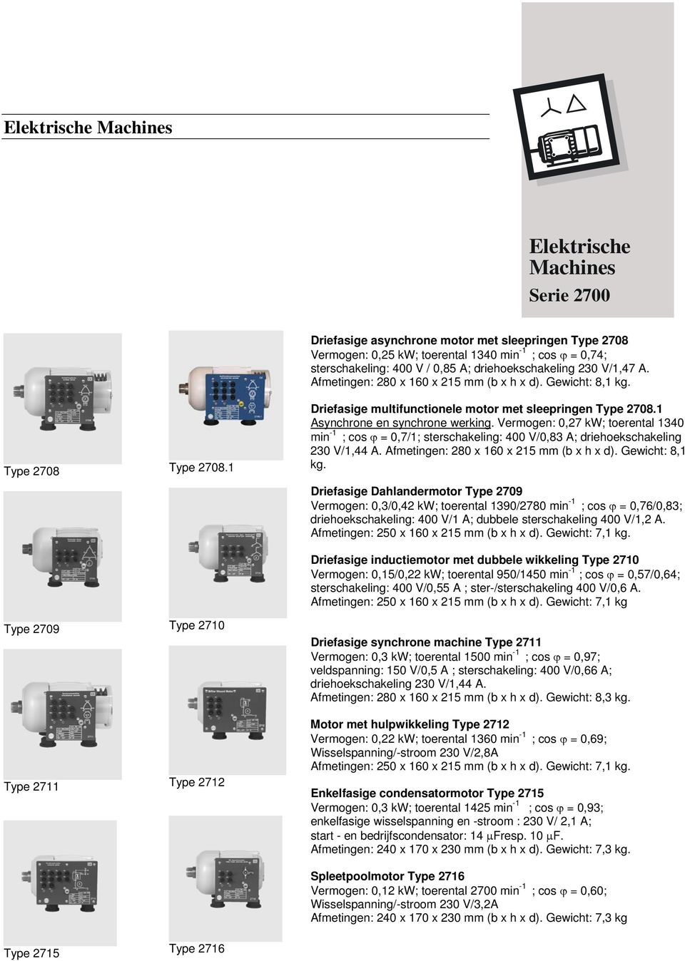 Afmetingen: 280 x 160 x 215 mm (b x h x d). Gewicht: 8,1 kg. Driefasige multifunctionele motor met sleepringen Type 2708.1 Asynchrone en synchrone werking.