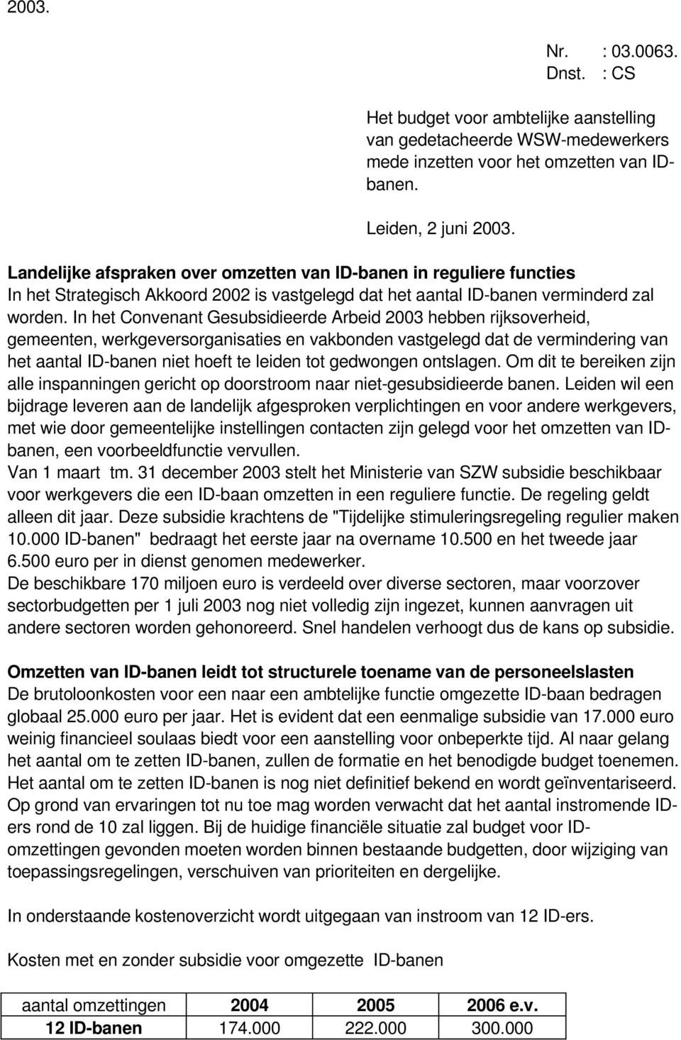 In het Convenant Gesubsidieerde Arbeid 2003 hebben rijksoverheid, gemeenten, werkgeversorganisaties en vakbonden vastgelegd dat de vermindering van het aantal ID-banen niet hoeft te leiden tot