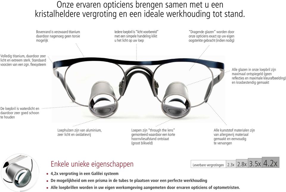 opticiens exact op uw eigen oogsterkte gebracht (indien nodig) Volledig titanium, daardoor zeer licht en extreem sterk. Standaard voorzien van een zgn.