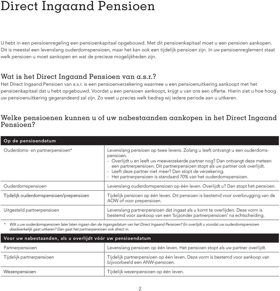 Wat is het Direct Ingaand Pensioen van a.s.r.? Het Direct Ingaand Pensioen van a.s.r. is een pensioenverzekering waarmee u een pensioenuitkering aankoopt met het pensioenkapitaal dat u hebt opgebouwd.