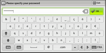 Geef uw UGent wachtwoord in en druk op de (groene) OK knop. Tip: Gebruik voor cijfers het numerieke klavier rechts van het touch screen.