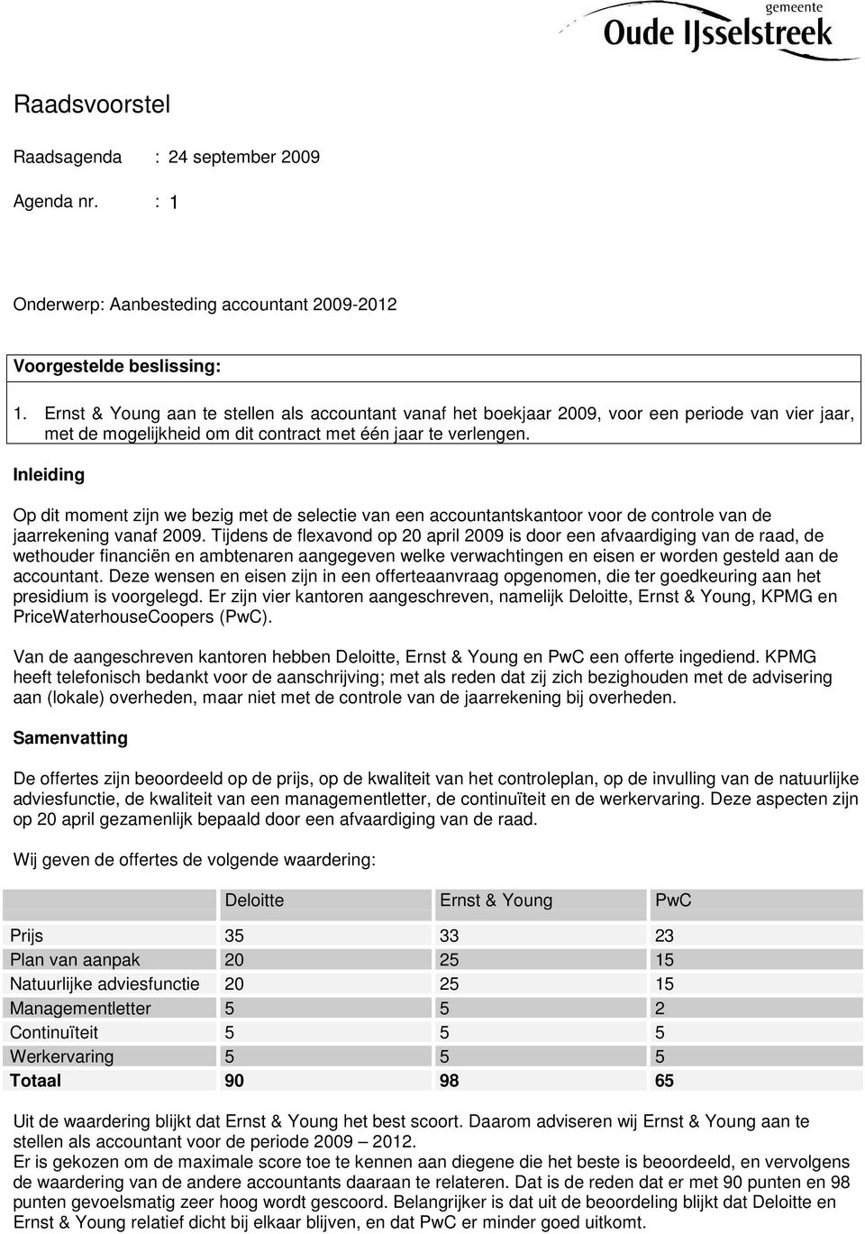 Inleiding Op dit moment zijn we bezig met de selectie van een accountantskantoor voor de controle van de jaarrekening vanaf 2009.