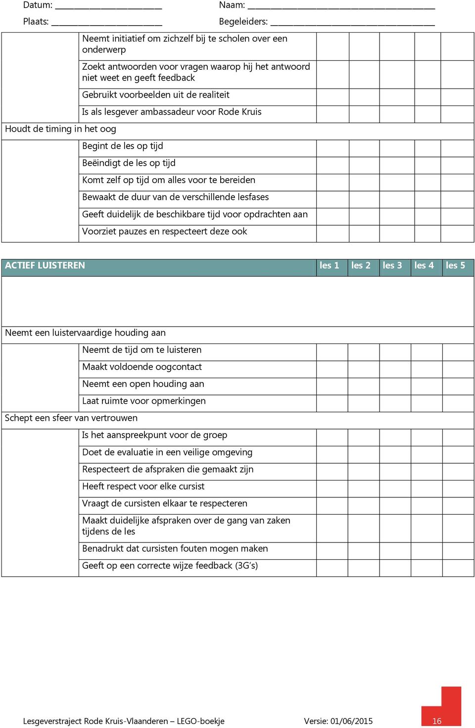 duidelijk de beschikbare tijd voor opdrachten aan Voorziet pauzes en respecteert deze ook ACTIEF LUISTEREN les 1 les 2 les 3 les 4 les 5 Neemt een luistervaardige houding aan Schept een sfeer van