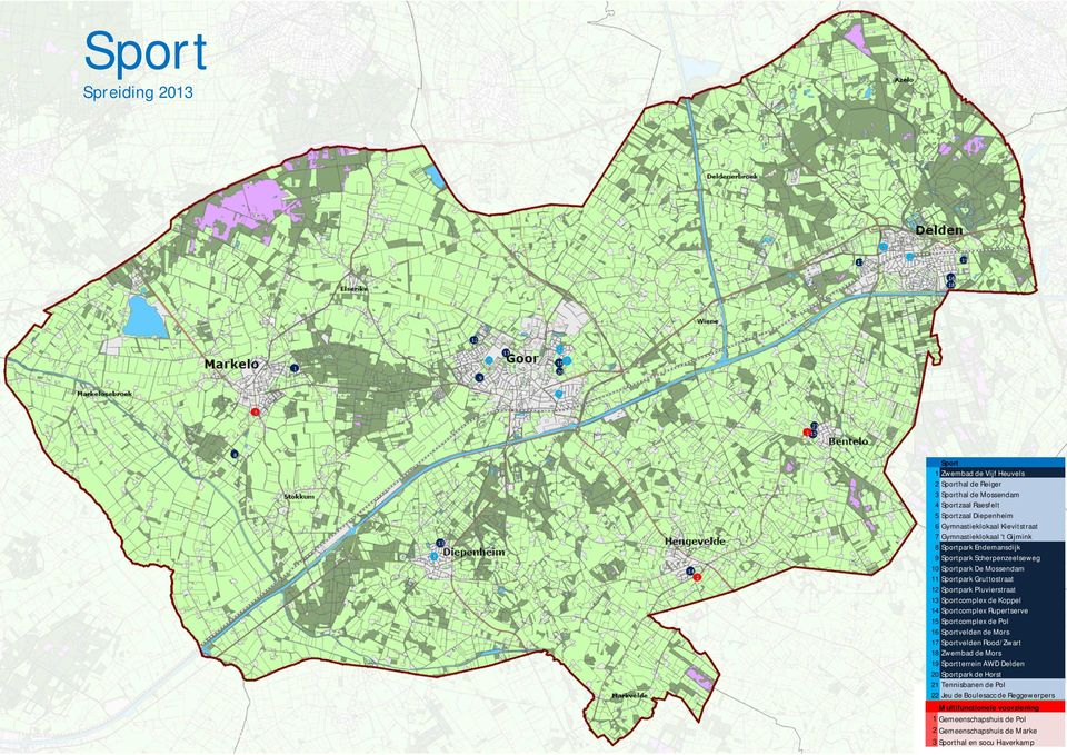 Sportcomplex de Koppel 14 Sportcomplex Rupertserve 15 Sportcomplex de Pol 16 Sportvelden de Mors 17 Sportvelden Rood/Zwart 18 Zwembad de Mors 19 Sportterrein AWD Delden 20