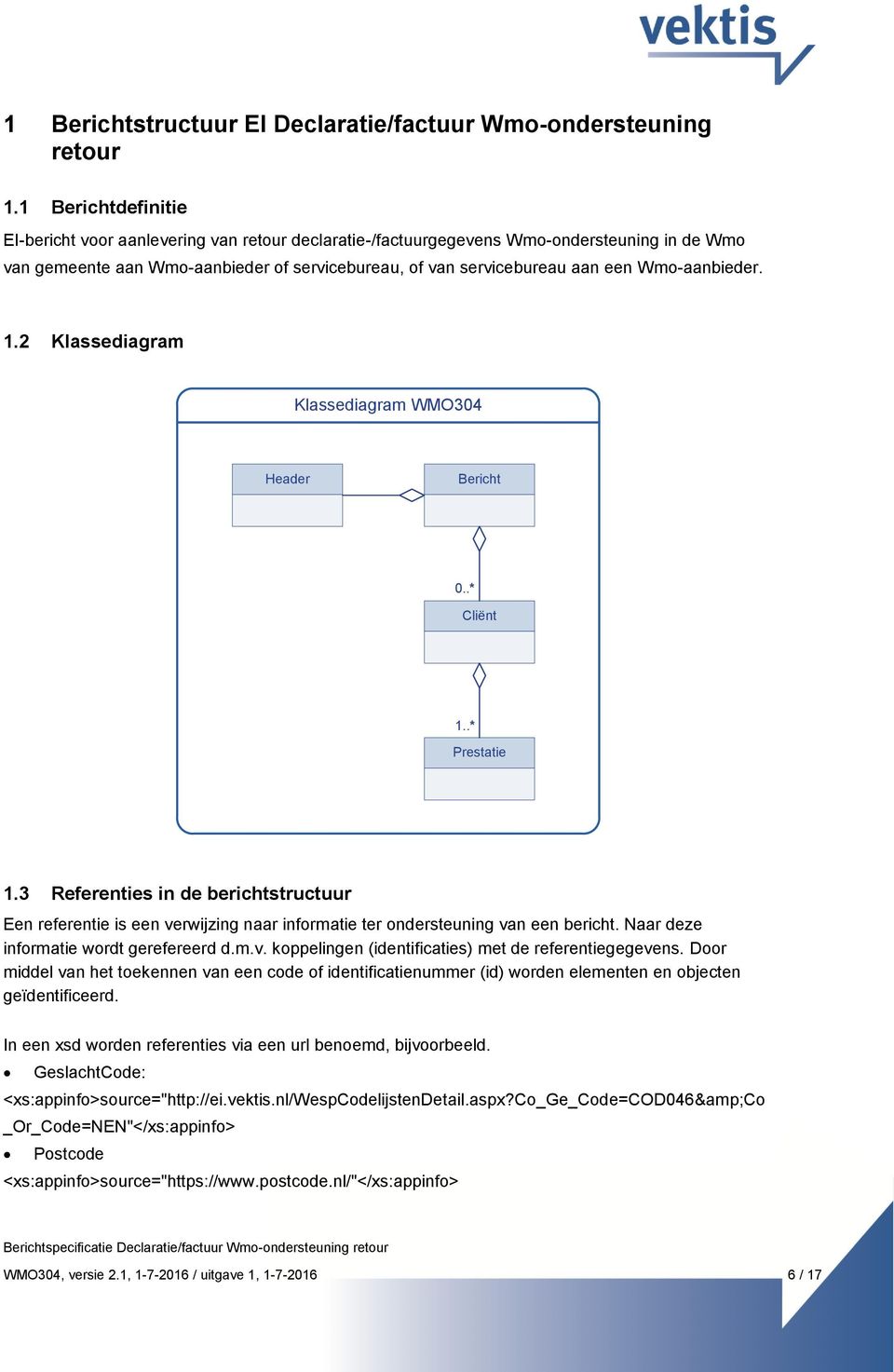 Wmo-aanbieder. 1.2 Klassediagram Klassediagram WMO304 Header Bericht 0..* Cliënt 1..* Prestatie 1.