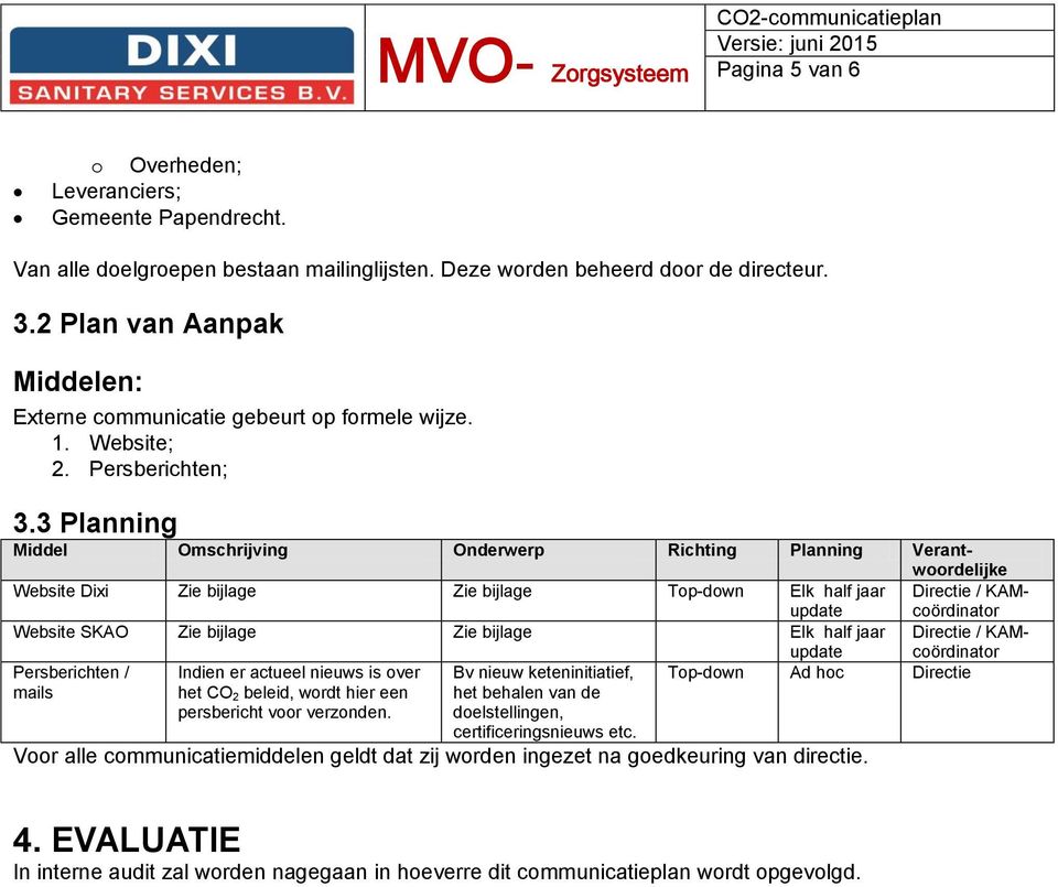 3 Planning Middel Omschrijving Onderwerp Richting Planning Verantwoordelijke Website Dixi Zie bijlage Zie bijlage Top-down Elk half jaar Directie / KAMcoördinator update Website SKAO Zie bijlage Zie