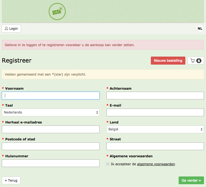 In dit scherm vult u de gevraagde gegevens in en accepteert u de algemene voorwaarden van het Antigone ticketing platform. Indien u reeds geregistreerd bent op het platform, kunt u meteen inloggen.