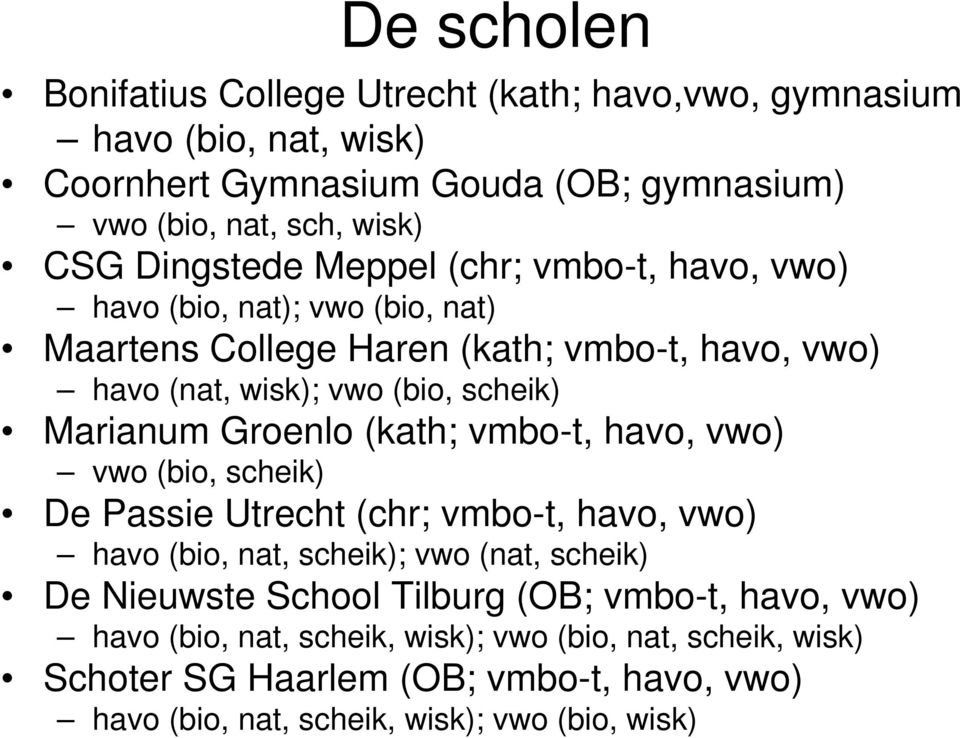 Marianum Groenlo (kath; vmbo-t, havo, vwo) vwo (bio, scheik) De Passie Utrecht (chr; vmbo-t, havo, vwo) havo (bio, nat, scheik); vwo (nat, scheik) De Nieuwste School