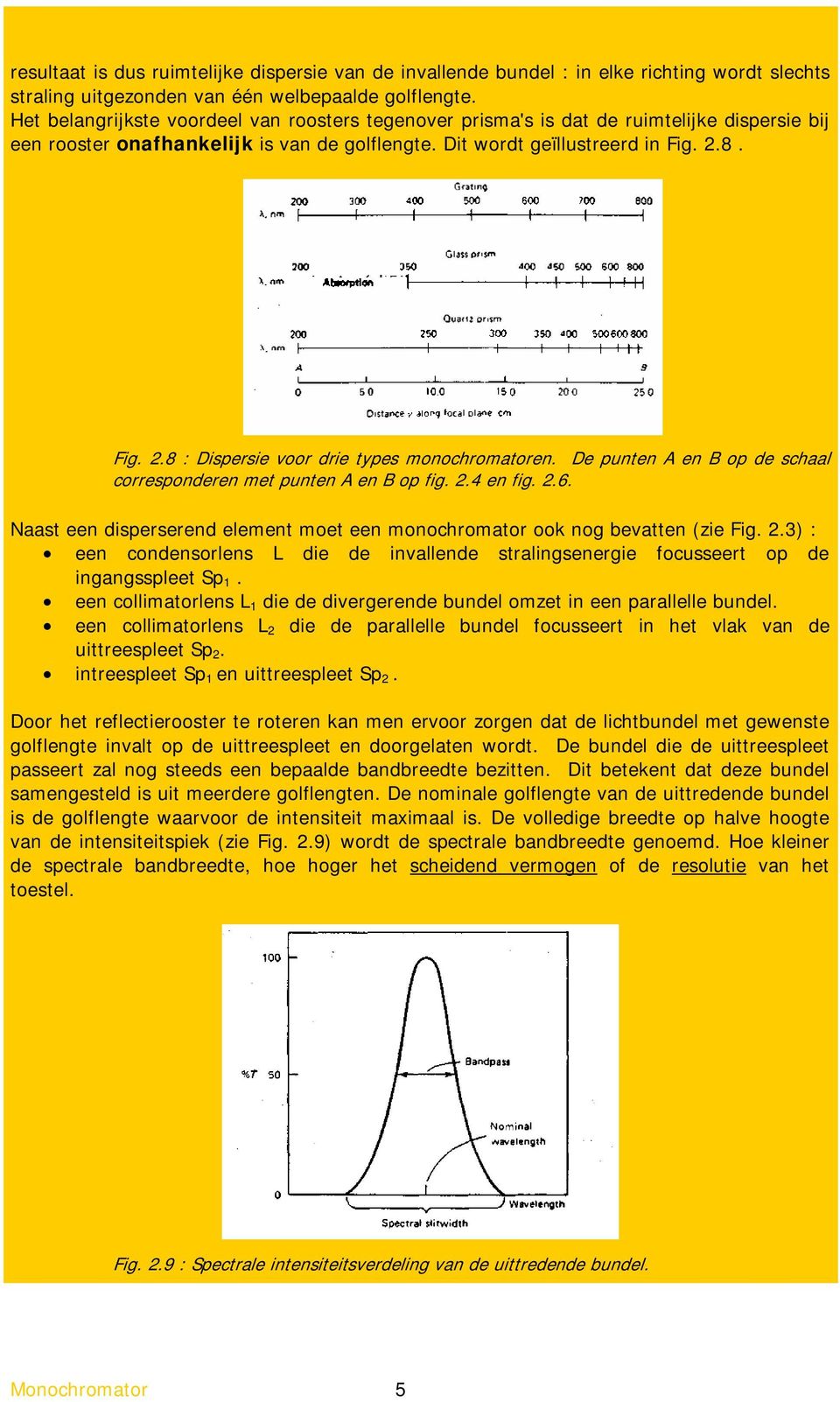 8. Fig. 2.8 : Dispersie voor drie types monochromatoren. De punten A en B op de schaal corresponderen met punten A en B op fig. 2.4 en fig. 2.6.