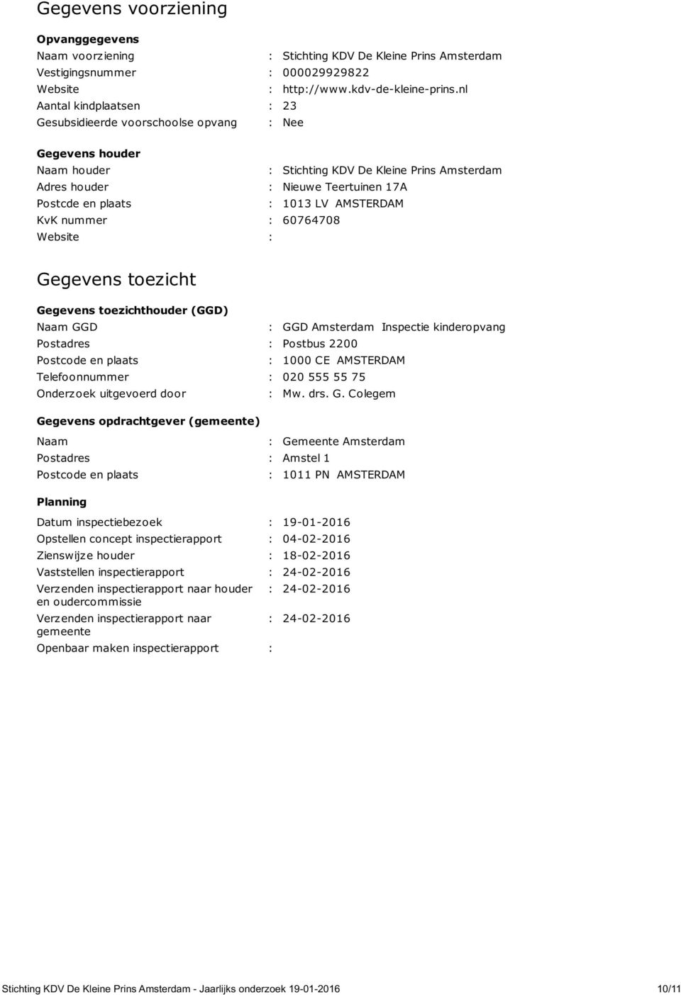 1013 LV AMSTERDAM KvK nummer : 60764708 Website : Gegevens toezicht Gegevens toezichthouder (GGD) Naam GGD : GGD Amsterdam Inspectie kinderopvang Postadres : Postbus 2200 Postcode en plaats : 1000 CE