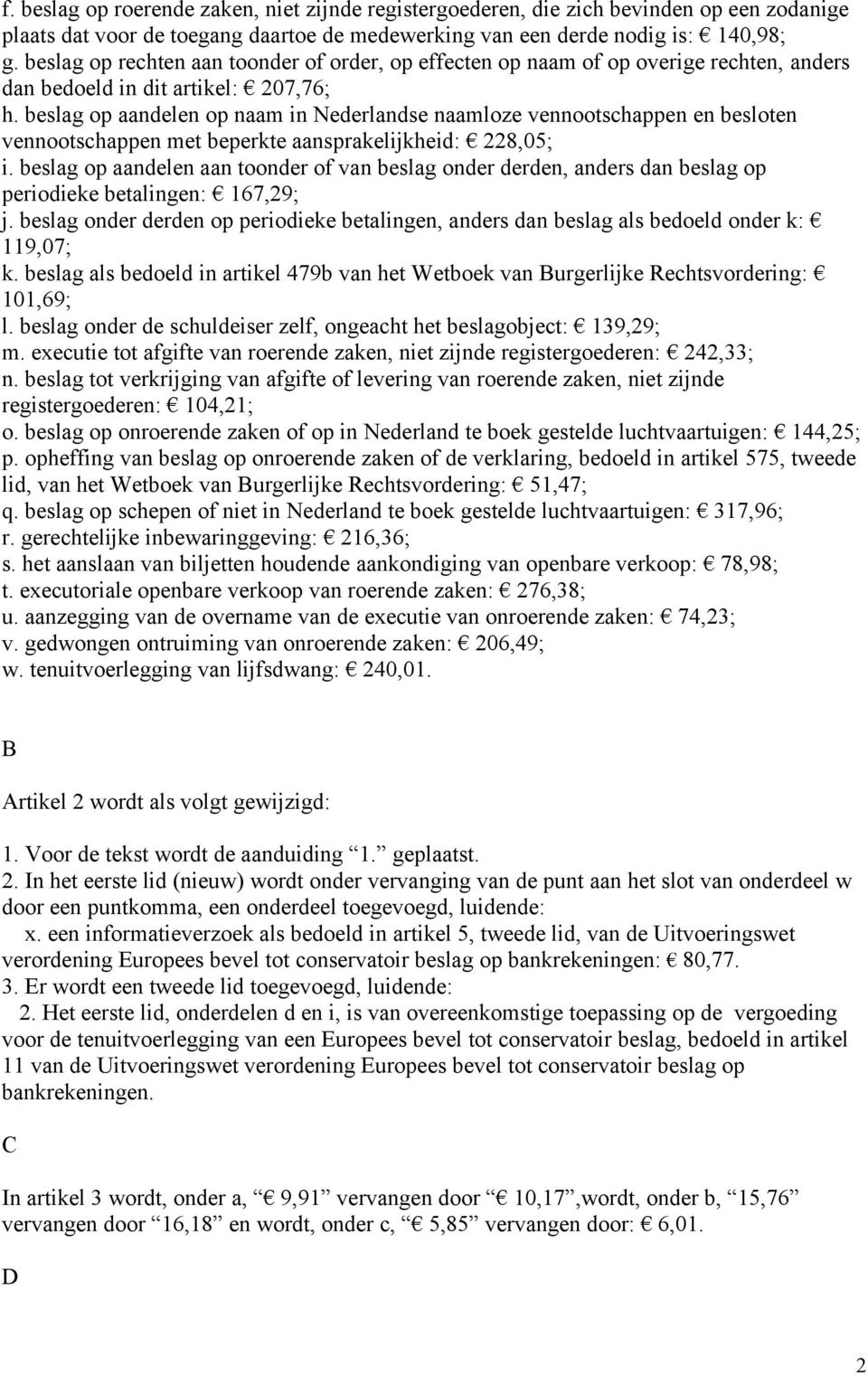 beslag op aandelen op naam in Nederlandse naamloze vennootschappen en besloten vennootschappen met beperkte aansprakelijkheid: 228,05; i.