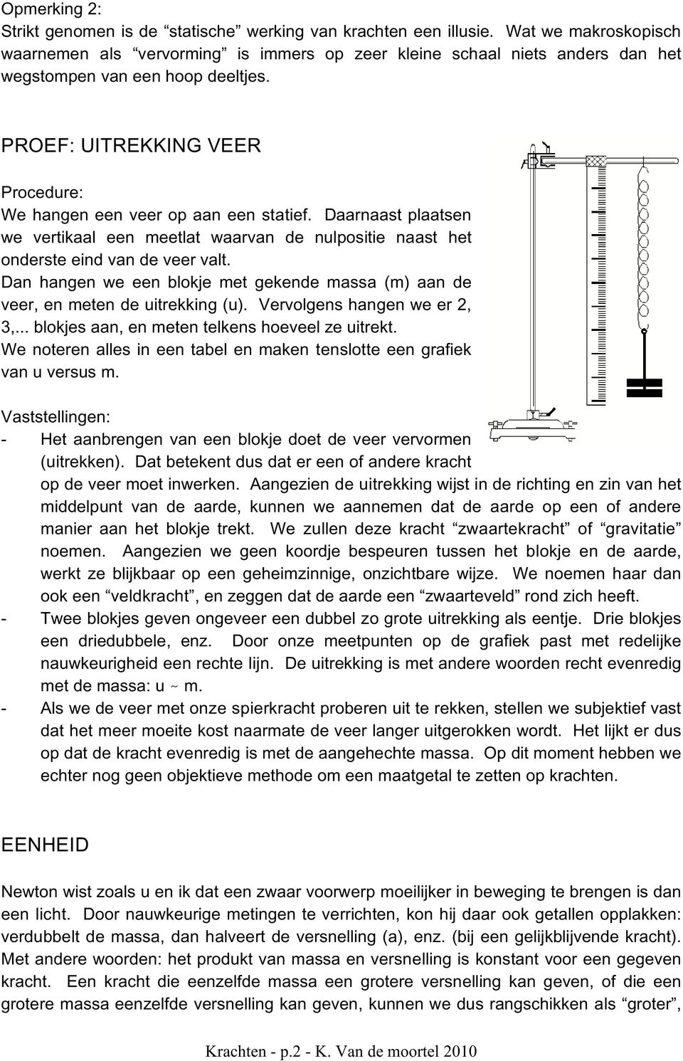 Daarnaast plaatsen we vertikaal een meetlat waarvan de nulpositie naast het onderste eind van de veer valt. Dan hangen we een blokje met gekende massa (m) aan de veer, en meten de uitrekking (u).