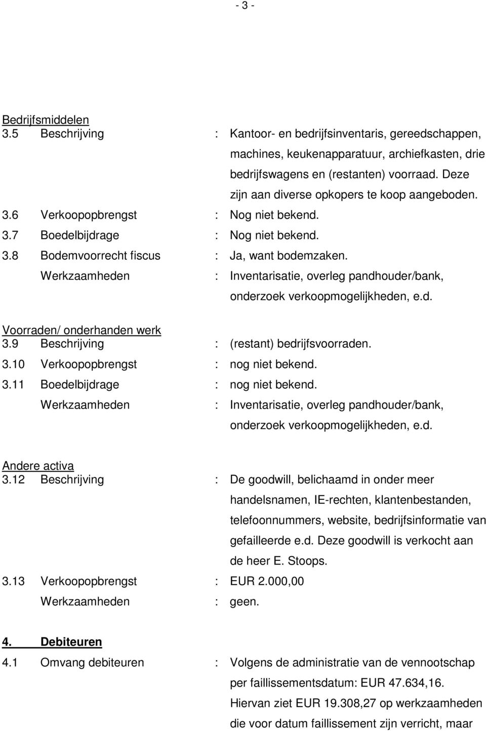 : Inventarisatie, overleg pandhouder/bank, onderzoek verkoopmogelijkheden, e.d. Voorraden/ onderhanden werk 3.9 Beschrijving : (restant) bedrijfsvoorraden. 3.10 Verkoopopbrengst : nog niet bekend. 3.11 Boedelbijdrage : nog niet bekend.