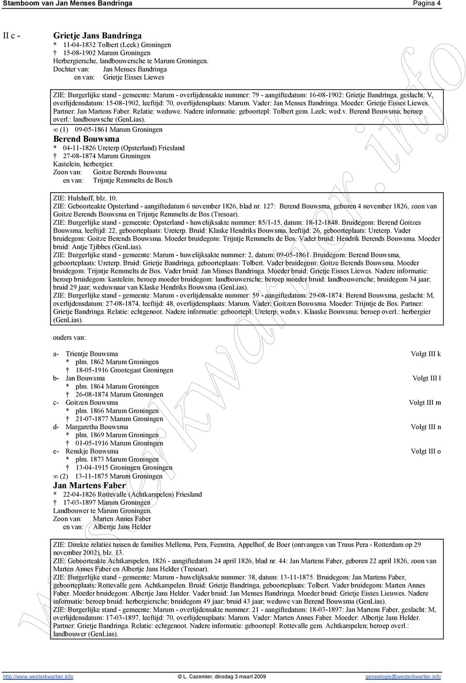 overlijdensdatum: 15-08-1902, leeftijd: 70, overlijdensplaats: Marum. Vader: Jan Menses Bandringa. Moeder: Grietje Eisses Liewes. Partner: Jan Martens Faber. Relatie: weduwe.