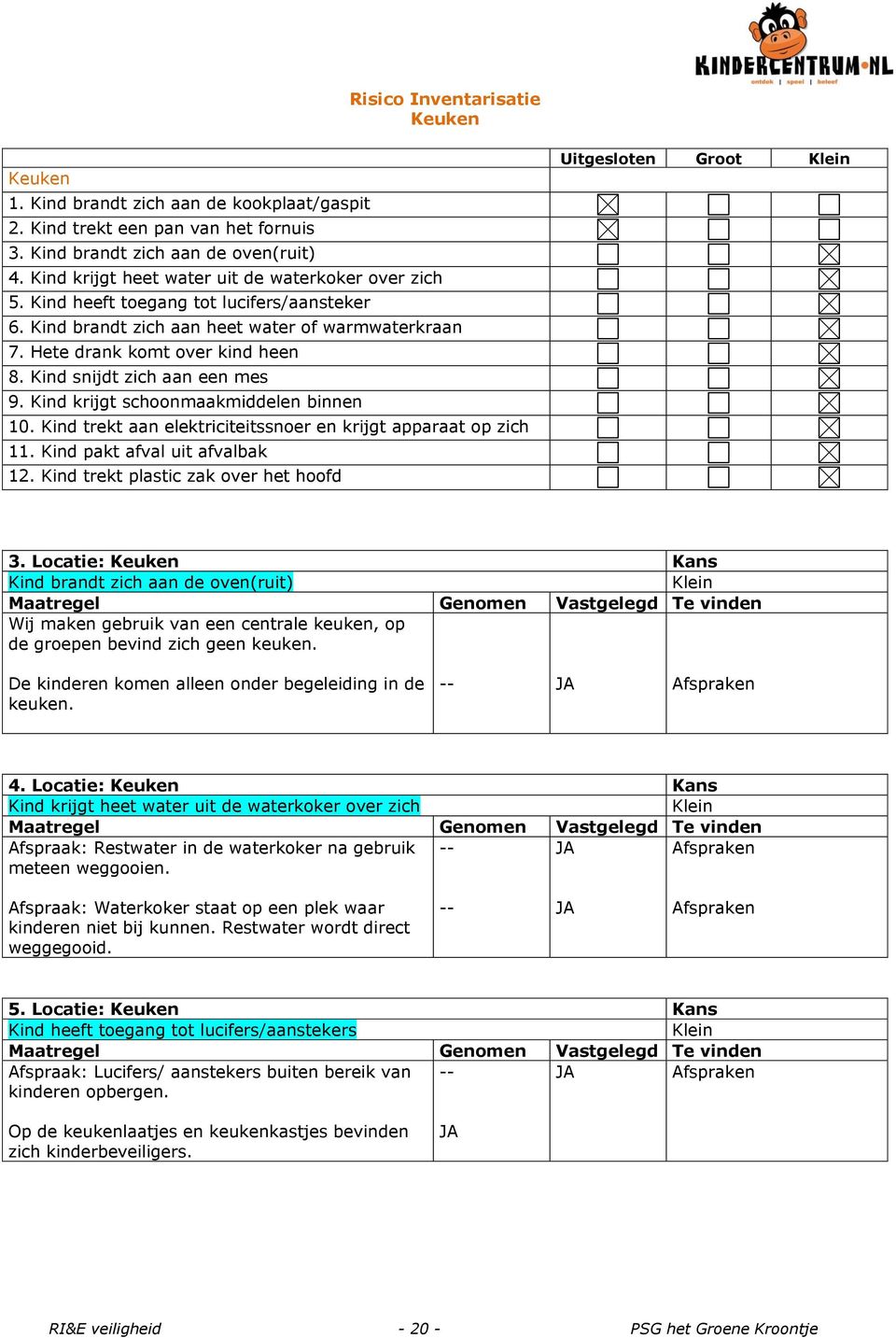 Kind snijdt zich aan een mes 9. Kind krijgt schoonmaakmiddelen binnen 10. Kind trekt aan elektriciteitssnoer en krijgt apparaat op zich 11. Kind pakt afval uit afvalbak 12.