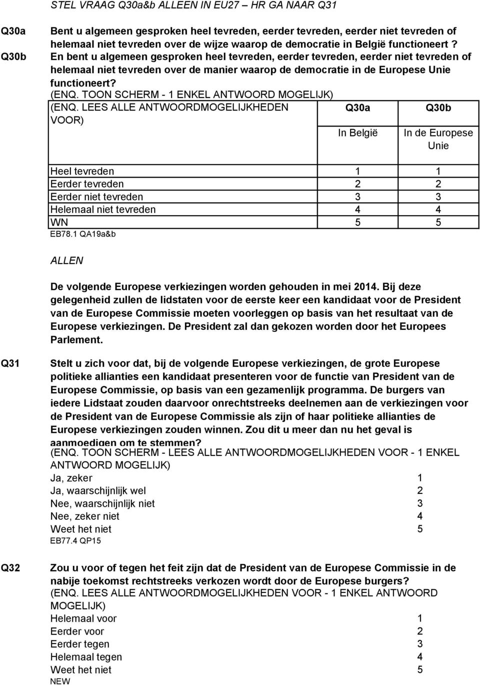 (ENQ. TOON SCHERM - ENKEL (ENQ. LEES ALLE ANTWOORDMOGELIJKHEDEN VOOR) Q0a In België Q0b In de Europese Unie Heel tevreden Eerder tevreden Eerder niet tevreden Helemaal niet tevreden WN EB78.