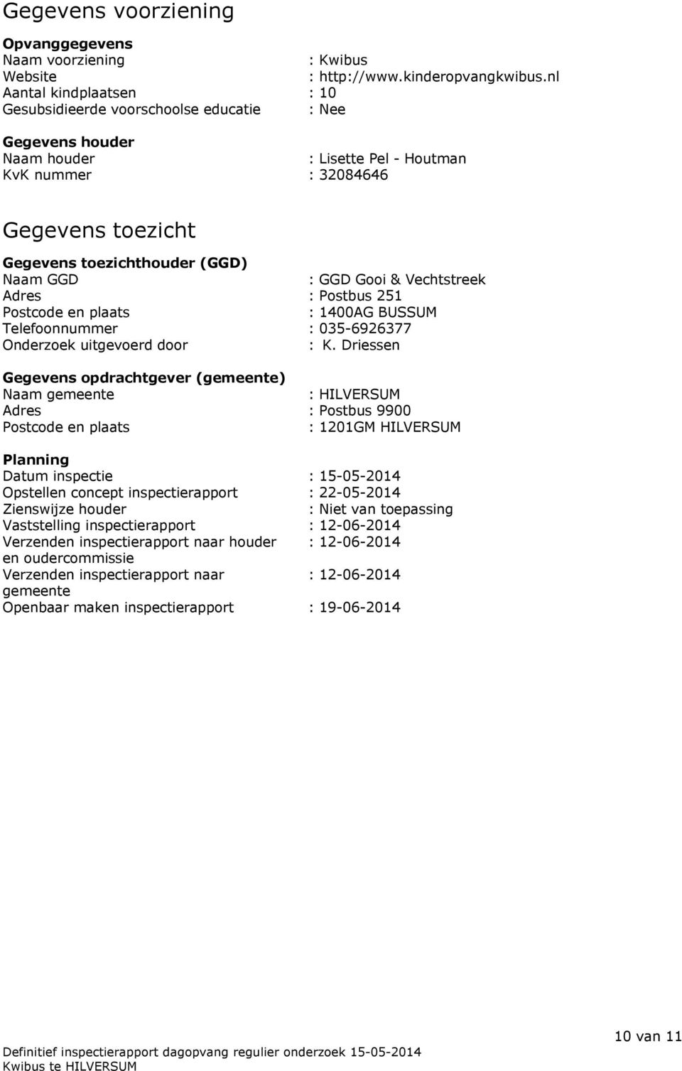 GGD : GGD Gooi & Vechtstreek Adres : Postbus 251 Postcode en plaats : 1400AG BUSSUM Telefoonnummer : 035-6926377 Onderzoek uitgevoerd door : K.