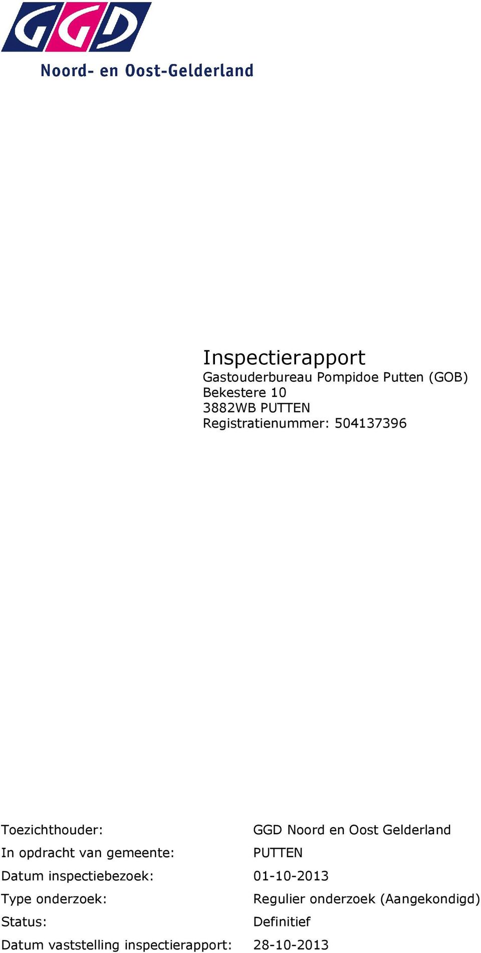 opdracht van gemeente: PUTTEN Datum inspectiebezoek: 01-10-2013 Type onderzoek :