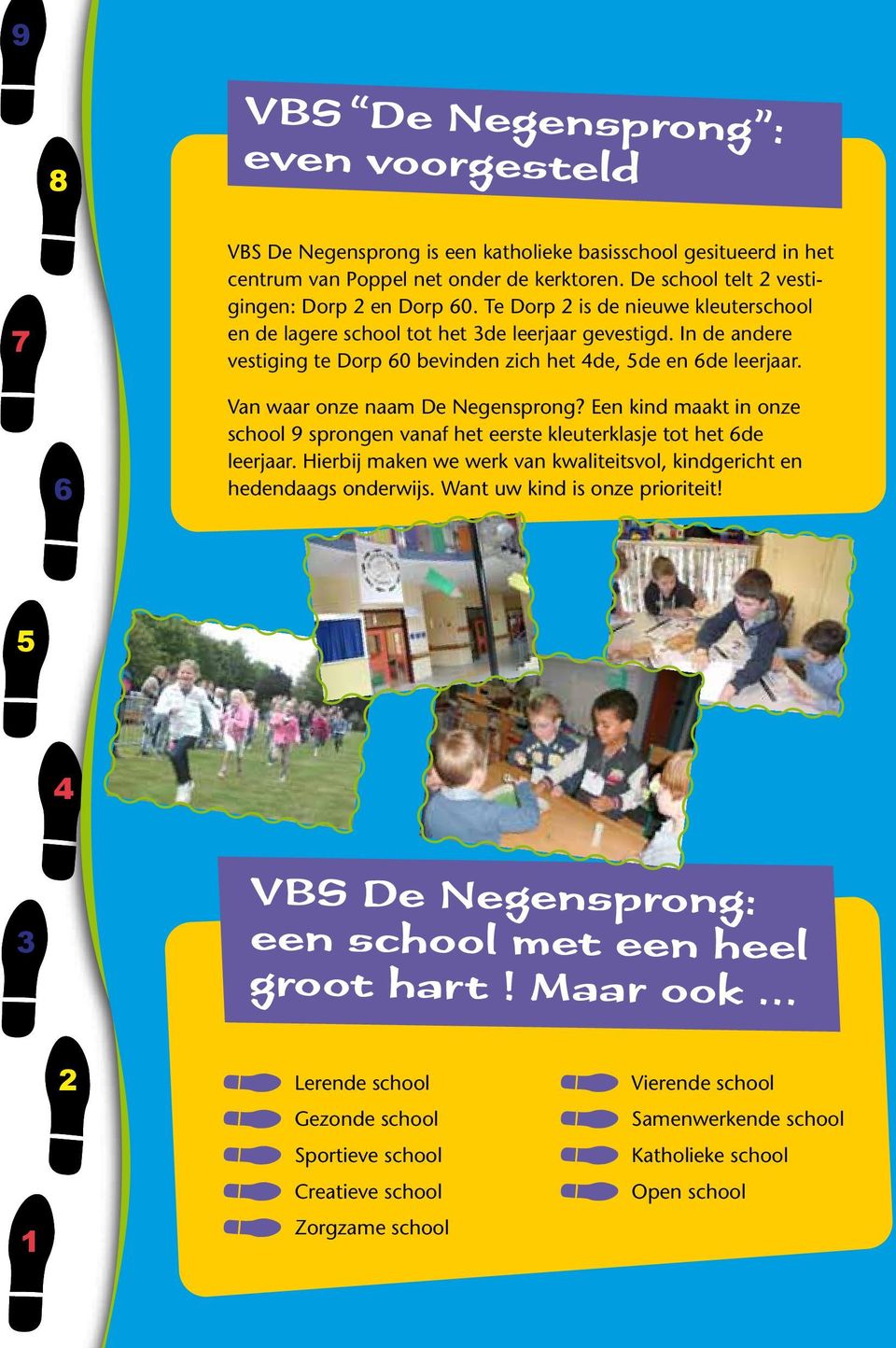 Een kind maakt in onze school 9 sprongen vanaf het eerste kleuterklasje tot het de leerjaar. Hierbij maken we werk van kwaliteitsvol, kindgericht en hedendaags onderwijs.