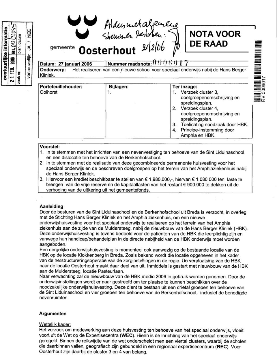 Verzoek cluster 3, doelgroepenomschrijving en spreidingsplan. 2. Verzoek cluster 4, doelgroepenomschrijving en spreidingsplan. 3. Toelichting noodzaak door HBK. 4. Principe-instemming door Amphia en HBK.