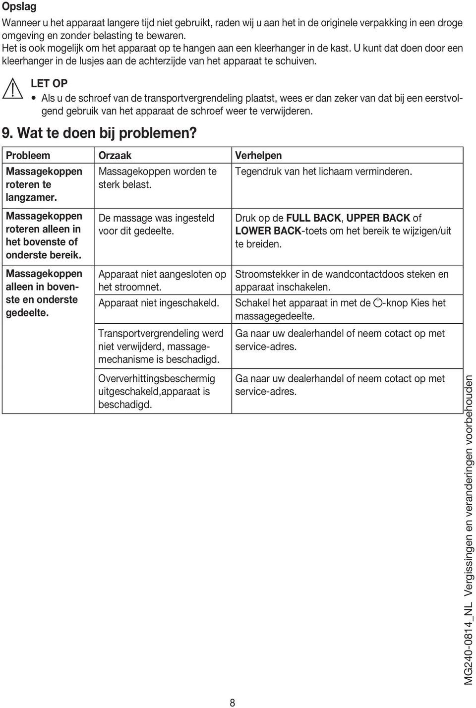 Als u de schroef van de transportvergrendeling plaatst, wees er dan zeker van dat bij een eerstvolgend gebruik van het apparaat de schroef weer te verwijderen. 9. Wat te doen bij problemen?